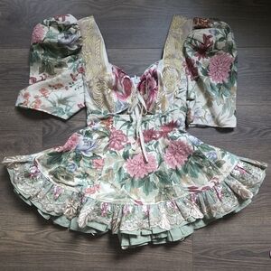 Floral Peasant Blouse with Lace Trim - Pink & Green
